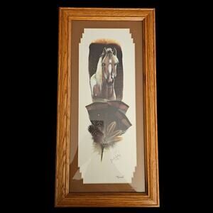 Janet LeRoy “Nomad” Horse Feather Art Print Framed 19x10 Signed 2000